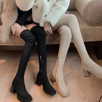 Сексуальные женские сапоги выше колена, эластичная платформа, толстые высокие каблуки, вечерние, повседневные, на молнии, тонкие, длинные, женские, размер 34-42 6