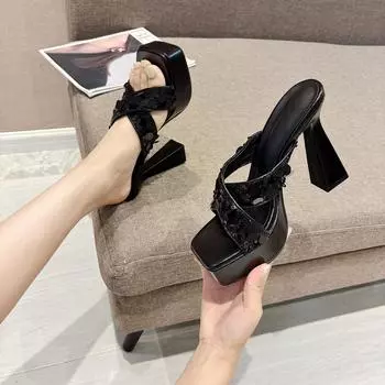 Сексуальные женские тапочки на очень высоком каблуке с открытым носком на платформе, с широкими ремешками, сандалии с блестками, роскошные шлепанцы 34 серебряный