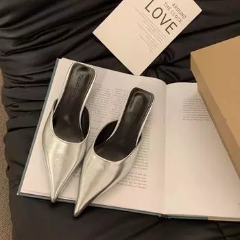 Сексуальные женские тапочки с острым носком, модельные туфли-мюли, модные прогулочные сандалии 2024 года, летние роскошные шлепанцы с открытой пяткой, женские шлепанцы 35 чёрный