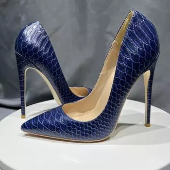 Сексуальные женские темно-синие туфли на высоком каблуке с тиснением под змеиную кожу, модные женские туфли на шпильках в итальянском стиле, размер 44 33