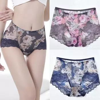 Сексуальные женские трусики-стринги, дышащие, большого размера, женские бесшовные трусики с принтом средней талии, антибактериальные, сетчатые, кружевные трусики M темно-фиолетового