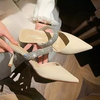Сексуальные женские туфли-лодочки на шпильке с открытой пяткой, шлепанцы с острым носком, дизайнерские сандалии на высоком каблуке со стразами, вечерние туфли 41 бежевый