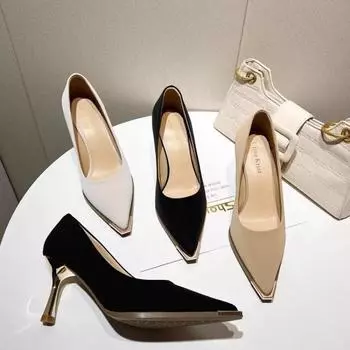 Сексуальные женские туфли-лодочки, весенние, новые модные, с металлическим заостренным носком, с неглубоким горлом, женские туфли на тонком высоком каблуке 7,5 см, черные туфли для вечеринок 34 чёрный