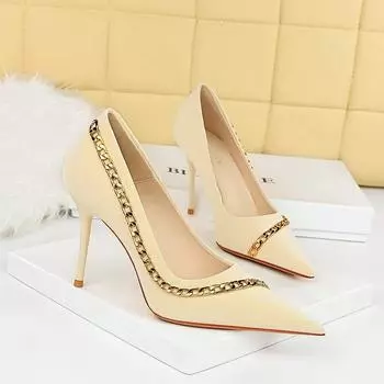 Сексуальные женские туфли на тонком каблуке и высоком каблуке с острым носком и металлической цепочкой для похудения в Европе и США 40