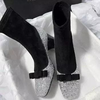 Сексуальные женские туфли на высоком каблуке. Ботинки челси с бантом. Зима 2024. Дизайнерские новые ботильоны с квадратным носком. Туфли-лодочки на массивном каблуке. Fad Sock Botas. 35 чёрный