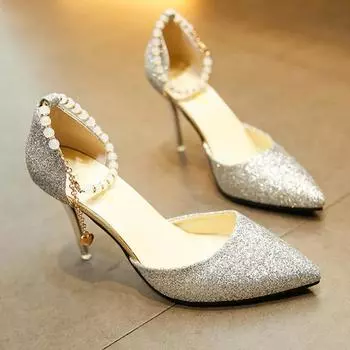 Сексуальные женские туфли на высоком каблуке с острым носком, жемчужные туфли для вечеринок, женские модные дизайнерские сандалии, роскошные блестящие женские туфли-лодочки Sandalias De Mujer 34