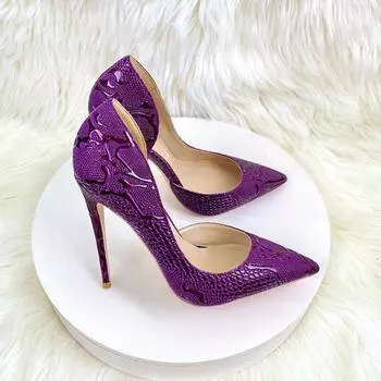 Сексуальные женские туфли с острым носком и тиснением под крокодила фиолетового цвета, туфли для вечеринок и банкетов, женские туфли больших размеров 33