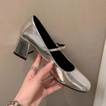 Сексуальные женские туфли серебристого цвета на массивном каблуке, модные летние уличные туфли на высоком каблуке для банкетов с круглым носком, туфли Мэри Джейн на высоком каблуке 39 серебряный