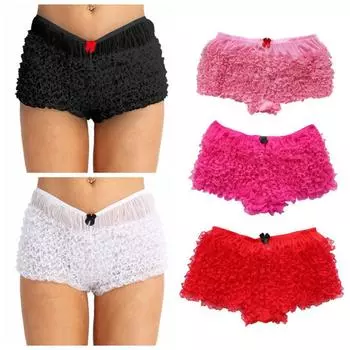 Сексуальные женские тюлевые кружевные шаровары с рюшами, трусики с бантом, шорты, нижнее белье горячий розовый