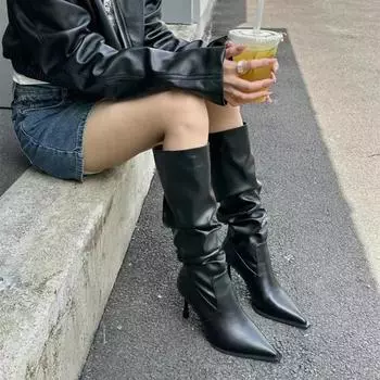 Сексуальные зимние женские высокие сапоги, модные сапоги с острым носком и каблуком-шпилькой, длинные сапоги, элегантные женские сапоги до колена 35 грязно-белый