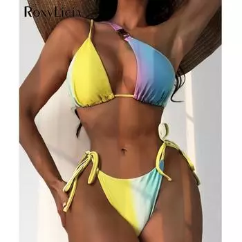 Сексуальный асимметричный радужный бикини на одно плечо женский купальник женский купальник из двух частей комплект бикини купальный костюм купальный костюм S