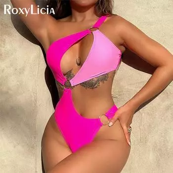 Сексуальный асимметричный сращивание одно плечо женский купальник цельный купальник женский монокини вырезанный купальный костюм плавание S розовый