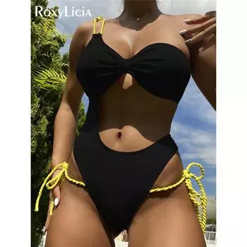 Сексуальный асимметричный животик с вырезом на одно плечо, женский купальник, цельный купальник, женский купальный костюм с высоким вырезом, купальный костюм для женщин S чёрный
