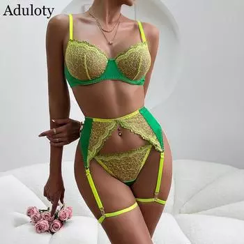 Сексуальный атласный комплект Aduloty с цветочной вышивкой контрастного цвета, прозрачный сексуальный комплект из трех предметов S зелёный