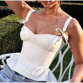 Сексуальный бант на шнуровке жилет на бретельках для женщин с открытой спиной и открытыми плечами без рукавов с V-образным вырезом и оборками на подоле топы на бретельках для женщин летний женский топ S белый