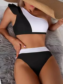 Сексуальный бикини 2025 женский купальник с высокой талией и оборками женский купальник на одно плечо купальный костюм купальный костюм летний пляжный костюм S жёлтый