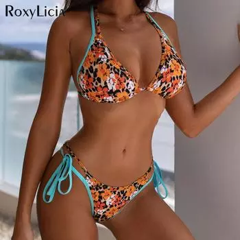Сексуальный бикини с цветочным принтом на бретельках, женский купальник, женский купальник, комплект бикини из двух частей, купальный костюм для плавания S жёлтый