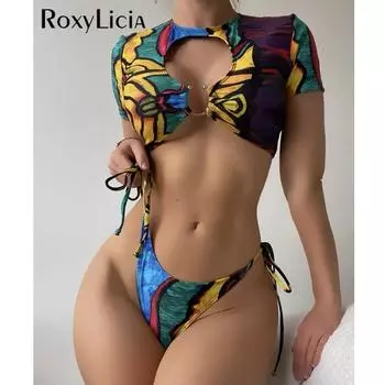 Сексуальный бикини с короткими рукавами и вырезами, женский купальник, женский купальник из двух частей, комплект бикини, купальный костюм для плавания S