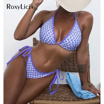 Сексуальный бикини с принтом волны, женский купальник, женский купальник, комплект бикини из двух частей, мягкий купальный костюм, купальный костюм для леди S фиолетовый