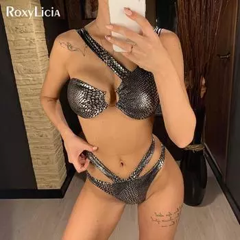 Сексуальный бикини с принтом змеи, женский купальник, женский купальник, комплект бикини, асимметричный купальный костюм S золотой