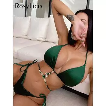 Сексуальный бикини со стразами и лямкой на шее, женский купальник, женский купальник из двух частей, комплект бикини, купальный костюм, купальный костюм для леди S зелёный