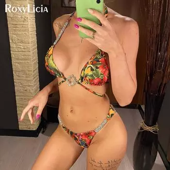 Сексуальный блестящий бикини с лямкой из горного камня женский купальник женский купальник из двух частей комплект бикини с высоким вырезом купальный костюм для плавания S