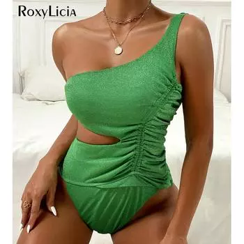 Сексуальный блестящий цельный купальник на одно плечо с вырезом и высоким вырезом, женский купальник, женский купальный костюм для плавания S чёрный