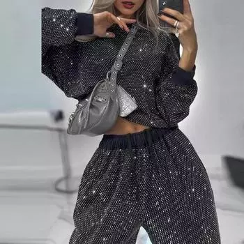 Сексуальный блестящий женский комплект из 2 предметов, осенний свитер с круглым вырезом и длинными брюками, зимний костюм для отдыха с длинными рукавами XXXL чёрный