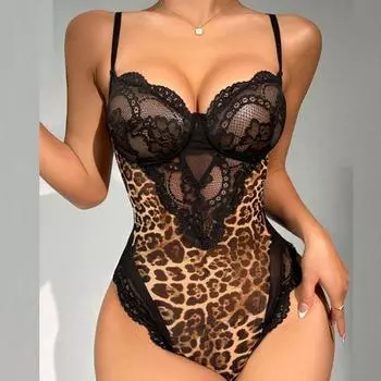 Сексуальный боди с леопардовым принтом, на тонких бретельках, с открытой спиной, кружевные лоскутные комбинезоны, боди S чёрный