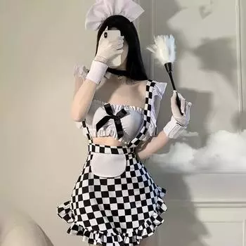 Сексуальный большой размер Сексуальный кружевной топ-труба с грибной отделкой Черно-белая клетчатая горничная Горничная Комплект униформы с разрезом сзади M [80-60kg]
