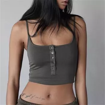 Сексуальный большой U-образный вырез эластичный жилет в европейском и американском стиле женская одежда весна 2025 новый товар однотонный плотный ремешок S темно-серого