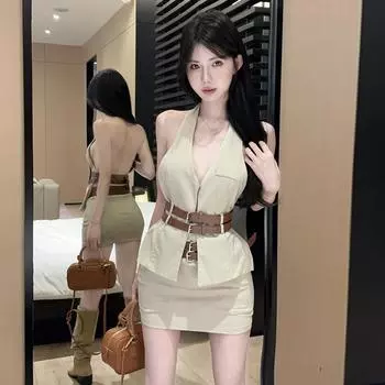 Сексуальный большой жилет-халтер с двойным поясом, жилет, юбка, комплект S