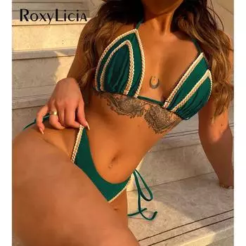 Сексуальный бразильский бикини с бретельками через шею, женский купальник, женский купальник, комплект из двух частей, купальный костюм, женский купальник S зелёный