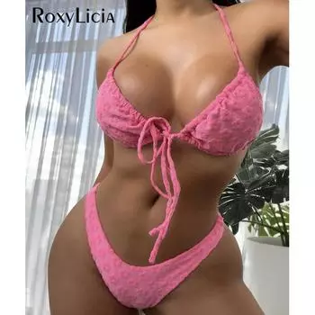 Сексуальный бразильский купальник-бикини с завязками на шее и средней талией, женский купальник, комплект бикини из двух частей, купальный костюм для плавания S чёрный