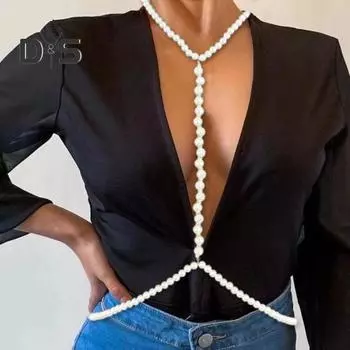 Сексуальный бюстгальтер с искусственным жемчугом, летняя пляжная шлейка с искусственным жемчугом, цепочка для бикини, бисерные украшения на талию, аксессуары для женщин белый