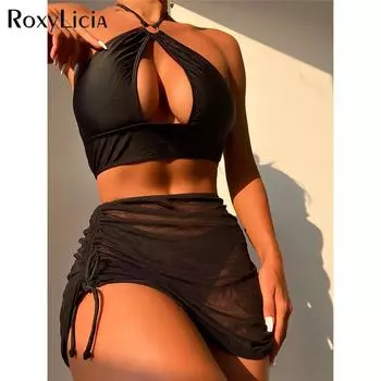 Сексуальный бюстгальтер с юбкой и вырезом на шее, бикини, женский купальник, женский купальник, комплект из трех частей, купальный костюм для плавания S чёрный
