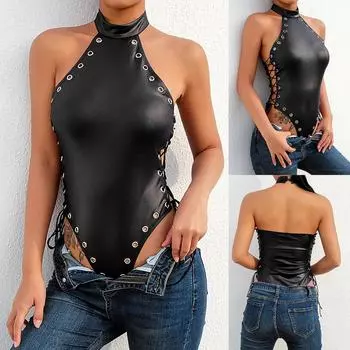 Сексуальный цельный кожаный комбинезон с завязками по бокам и открытой спиной L чёрный