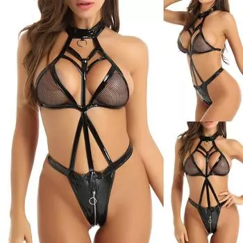 Сексуальный цельный кожаный костюм с открытой спиной и ремешками L
