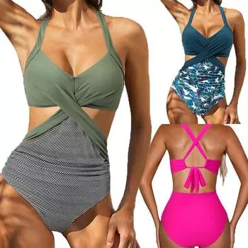 Сексуальный цельный купальник больших размеров женский крест с леопардовым цветочным принтом L купальники пляжная одежда S зелёный