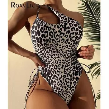 Сексуальный цельный купальник на шнуровке с асимметричным леопардовым принтом на одно плечо, женский купальник с высоким вырезом, купальный костюм для плавания S леопардовый