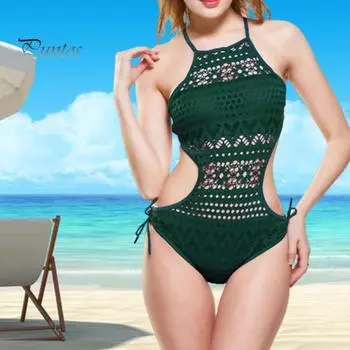 Сексуальный цельный купальник с лямкой на шее, без рукавов, с открытой спиной, монокини, облегающий однотонный сплошной цвет, крест-накрест сзади, полые кружевные купальники для отдыха S