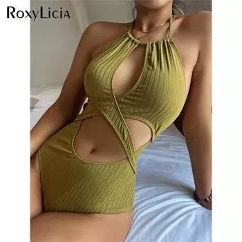 Сексуальный цельный купальник с открытой спиной и лямкой на шее, женский купальник, женский монокини с мягкой подкладкой, купальный костюм, купальный костюм для леди S зелёный