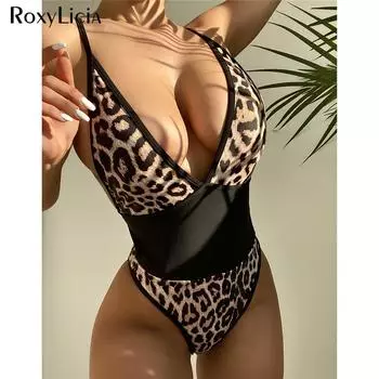 Сексуальный цельный купальник с глубоким V-образным вырезом и леопардовым вырезом, женский купальник, женский монокини с открытой спиной, купальный костюм, купальный костюм S красный/леопардовый