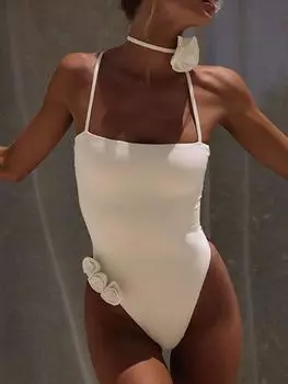 Сексуальный цельный купальник с розеткой и чокером для женщин, сплошной купальник, купальный костюм для пляжной вечеринки, женская открытая спина, милый модный дизайн, пляжная одежда, монокини S белый
