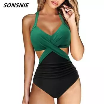 Сексуальный цельный купальник-танкини, новинка 2022 года, однотонный купальник с лямкой на шее, большие размеры, пляжный танкини, купальный костюм с пуш-ап, боди с высокой талией, монокини S зелёный