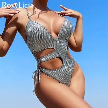 Сексуальный цельный купальник в асимметричную клетку с вырезами, женский купальник, женский монокини с высоким вырезом, купальный костюм, купальный костюм для леди S серебряный