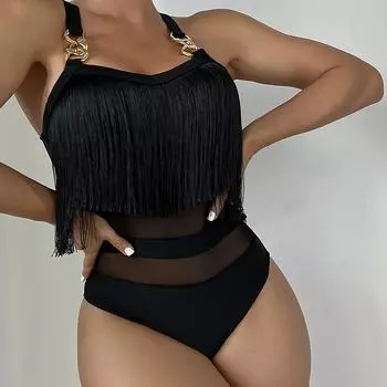 Сексуальный цельный купальник, женский купальник с высокой талией и кисточкой, металлический плечевой ремень, купальник-бикини, пляжная одежда S зелёный