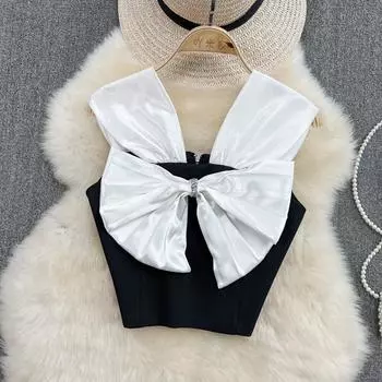 Сексуальный черно-белый бант Spice Girl с пряжкой со стразами, облегающий короткий жилет на подтяжках для женщин, чтобы носить топ в иностранном стиле