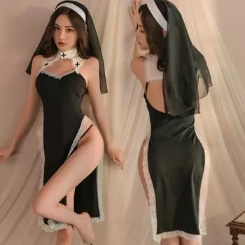 Сексуальный черный костюм монахини, униформа, платье, костюм на Хэллоуин для женщин, эротическая юбка горничной, наряд для косплея монахинь, сексуальное нижнее белье M