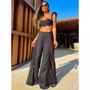 Сексуальный черный кружевной комплект из трех предметов для женщин, комплект бикини с брюками, кружевной бюстгальтер с высокой талией, широкие брюки, костюм, летний пляжный купальник